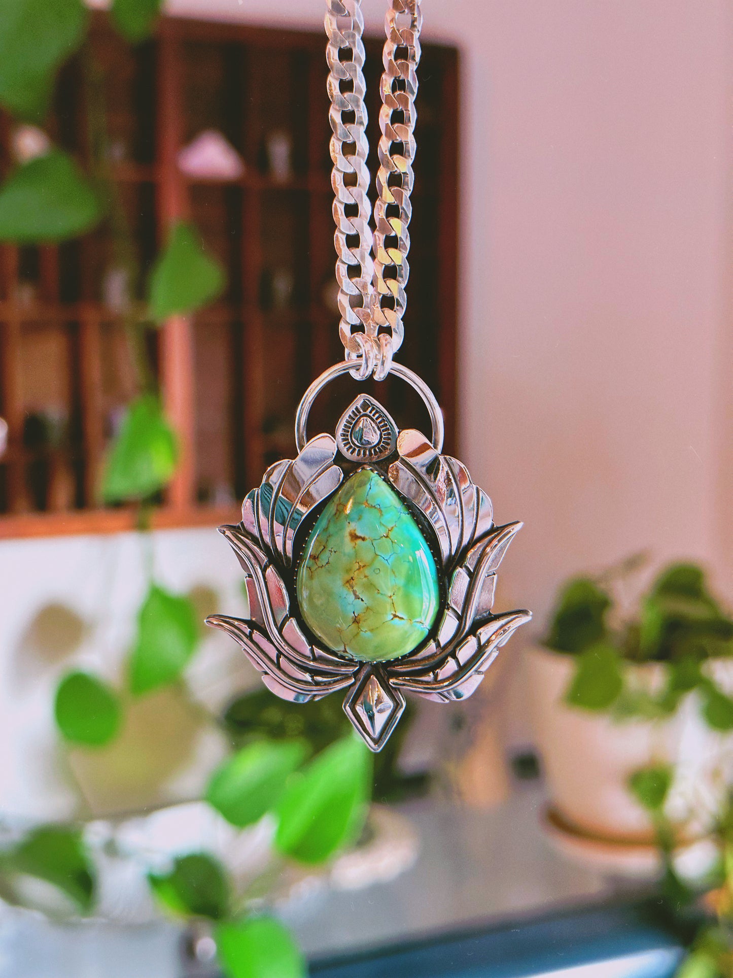 Early access for Adriana ONLY botanical Lotus necklace with polychrome turquoise
