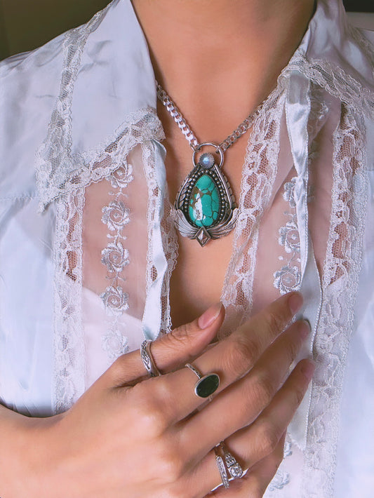 One of a Kind Botanical Necklace with Teal Hubei Turquoise and Moonstone