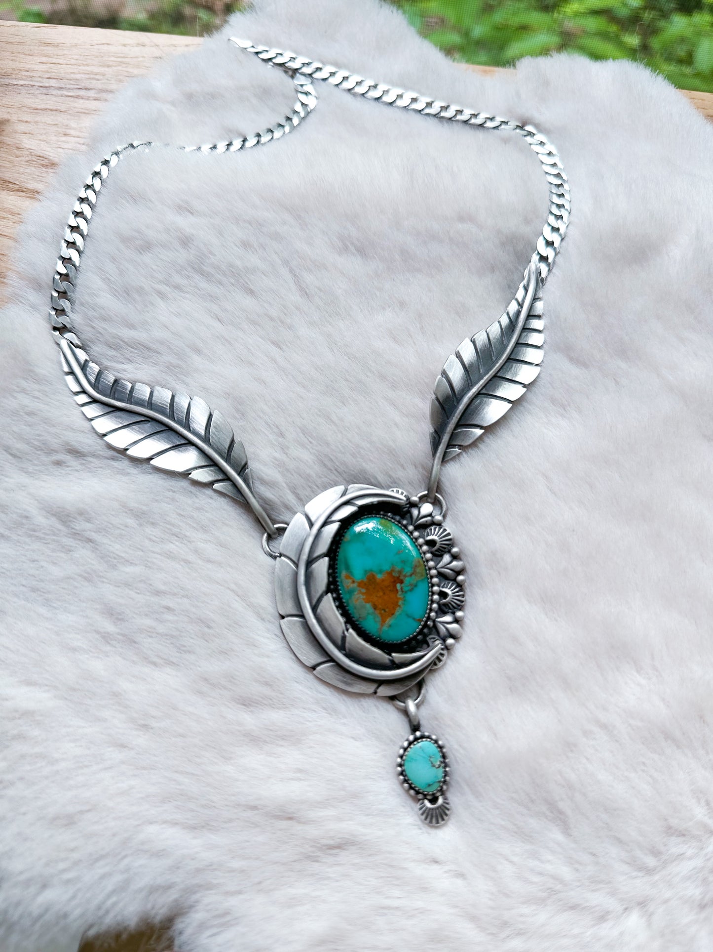 Heirloom Double Stone Botanical Necklace with Royston Turquoise + Thunderbird Turquoise