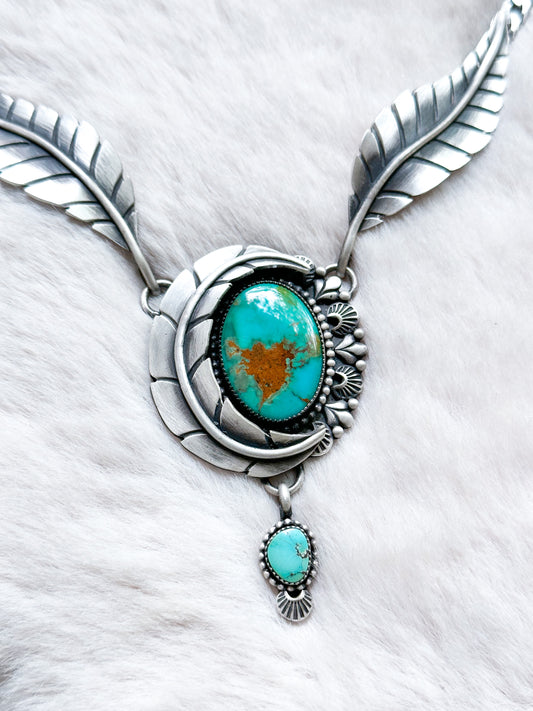 Heirloom Double Stone Botanical Necklace with Royston Turquoise + Thunderbird Turquoise