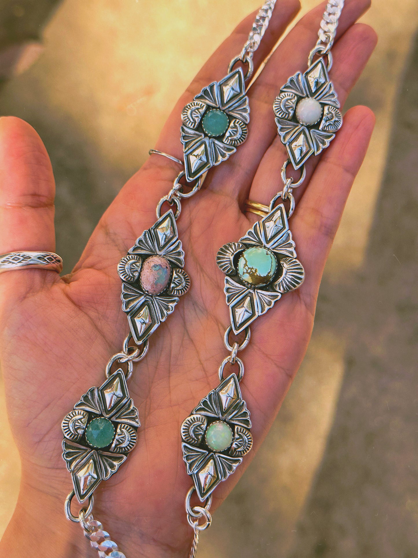 Heirloom Trinity Choker Necklace with Iron Maiden Turquoise and Ethiopian Opal