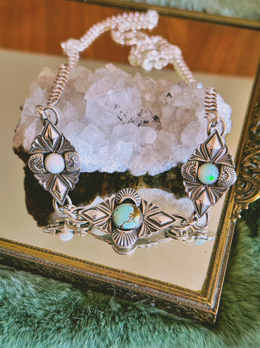 Heirloom Trinity Choker Necklace with Iron Maiden Turquoise and Ethiopian Opal