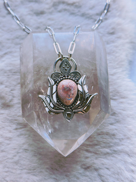 Lotus Botanical Necklace with Pink Fire Opal