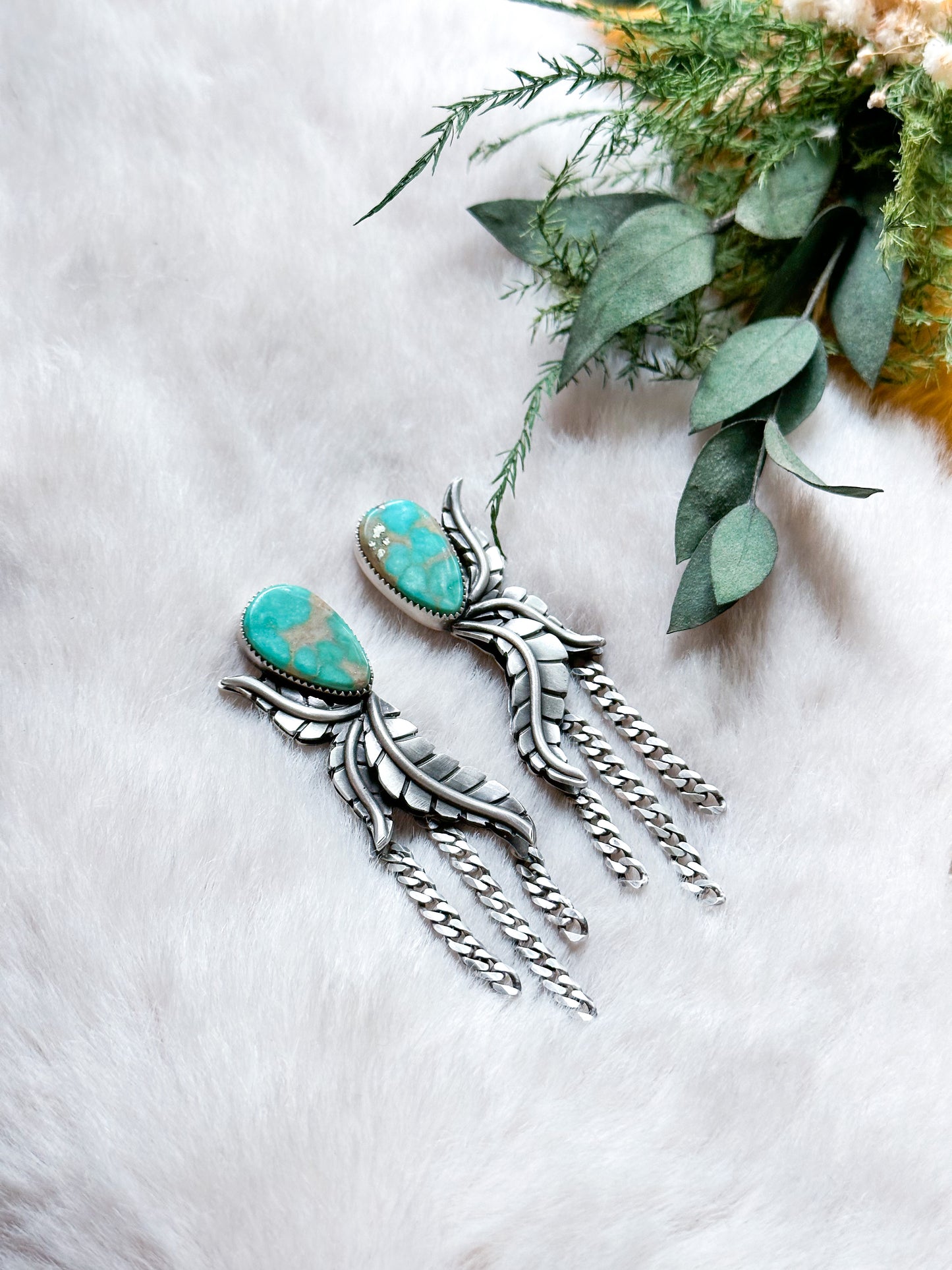Botanical Fringe Earrings with Gorgeous Green and Gold Campitos Turquoise