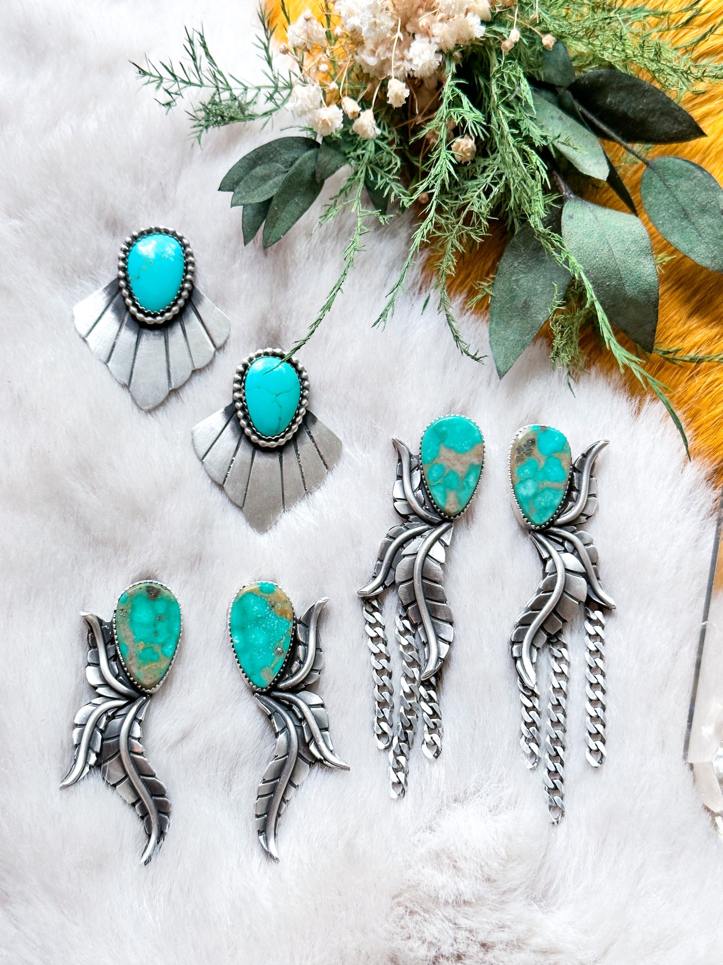Botanical Fringe Earrings with Gorgeous Green and Gold Campitos Turquoise