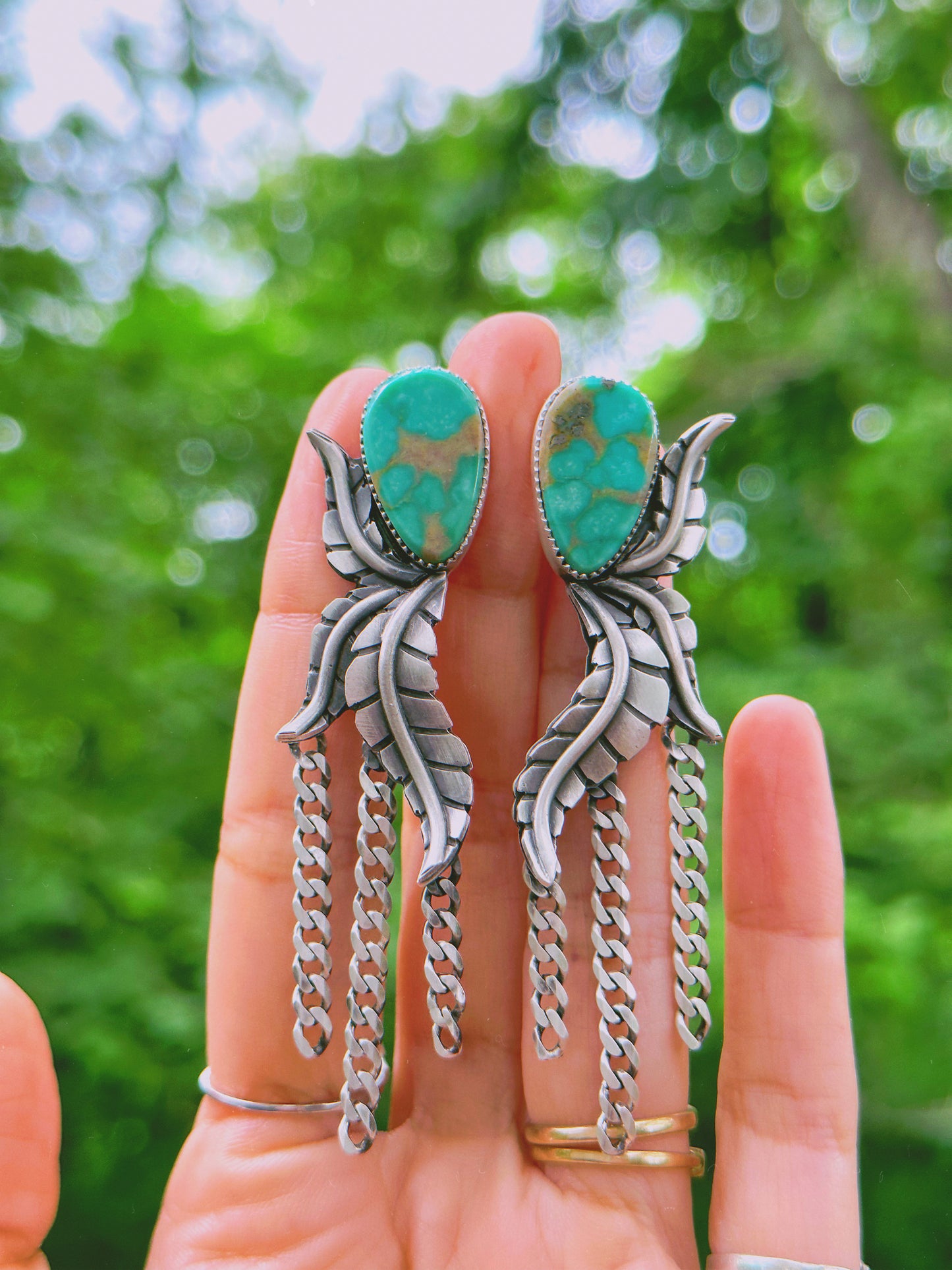 Botanical Fringe Earrings with Gorgeous Green and Gold Campitos Turquoise