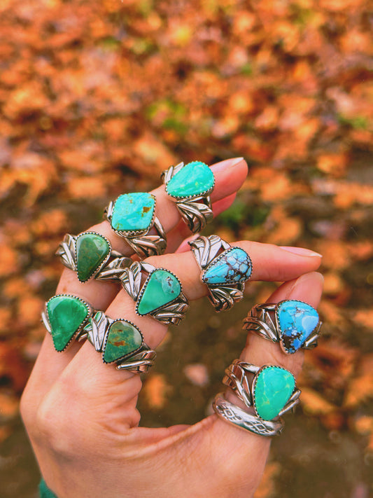 Botanical Lyra Ring with Kings Manassa Turquoise Size 7