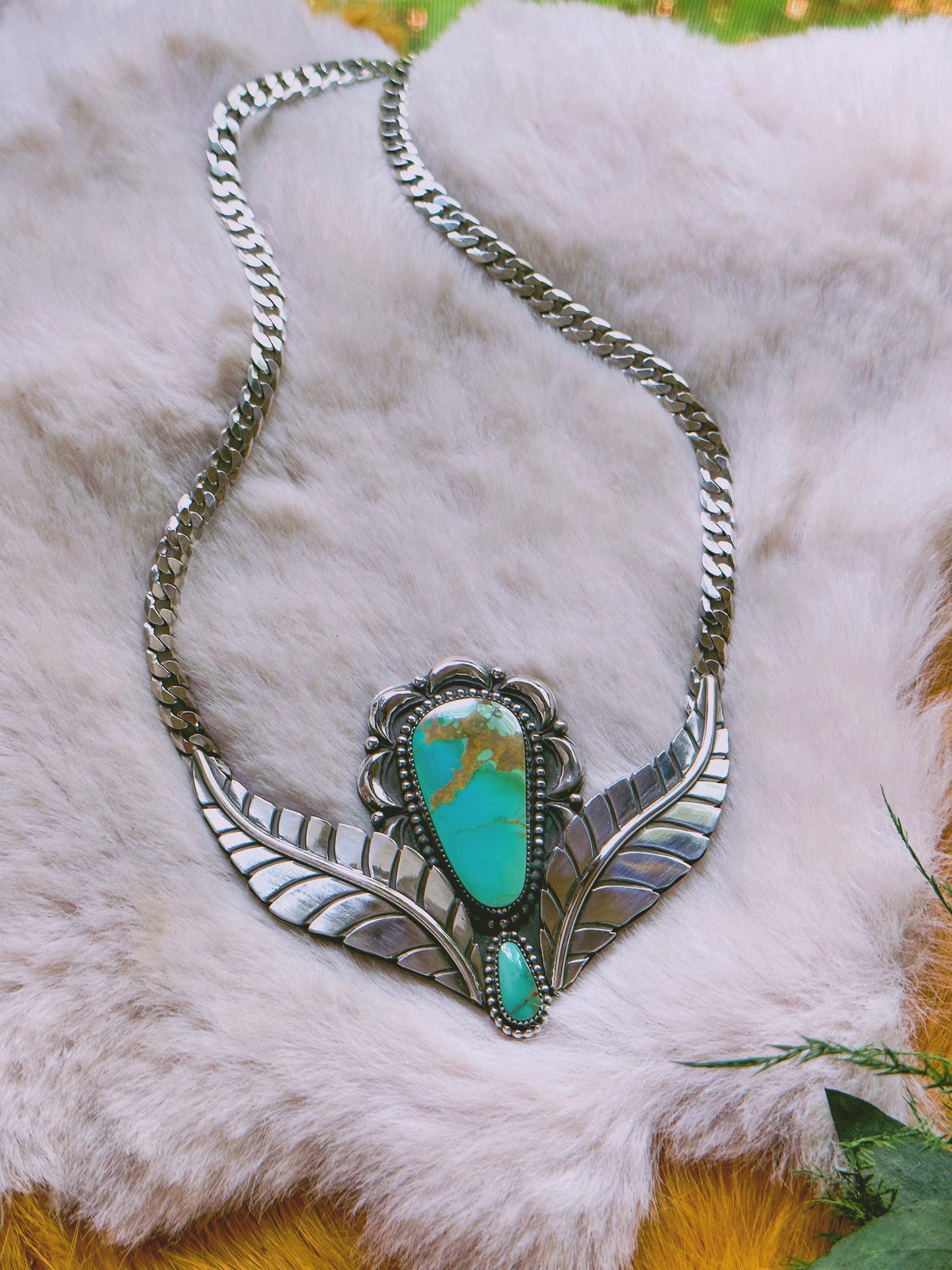 Heirloom Botanical Double Stone Necklace with Old Stock Royston Turquoise