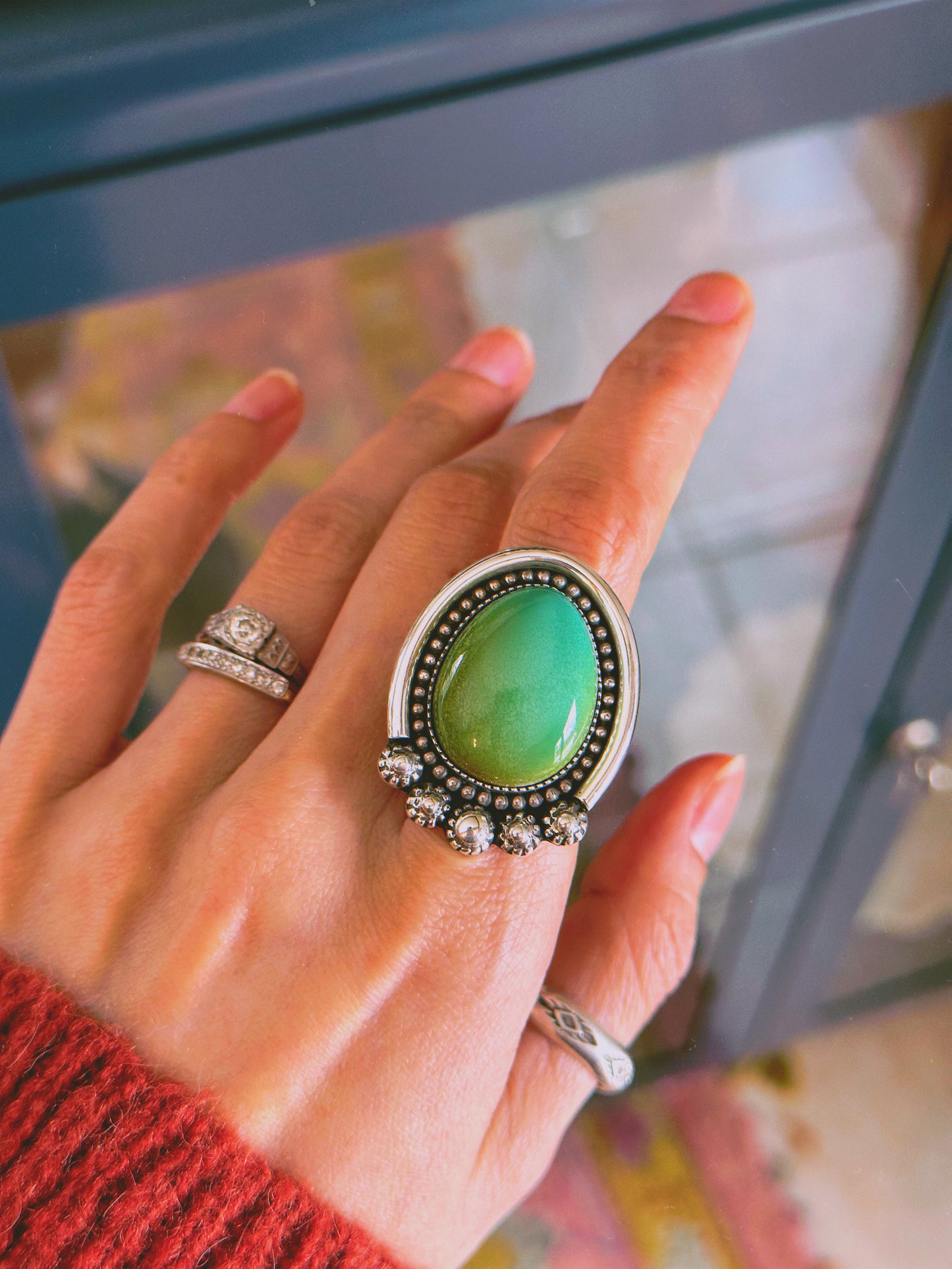 Stunning Silver Arch Ring with Gradient Polychrome Turquoise - Finished in Your Size