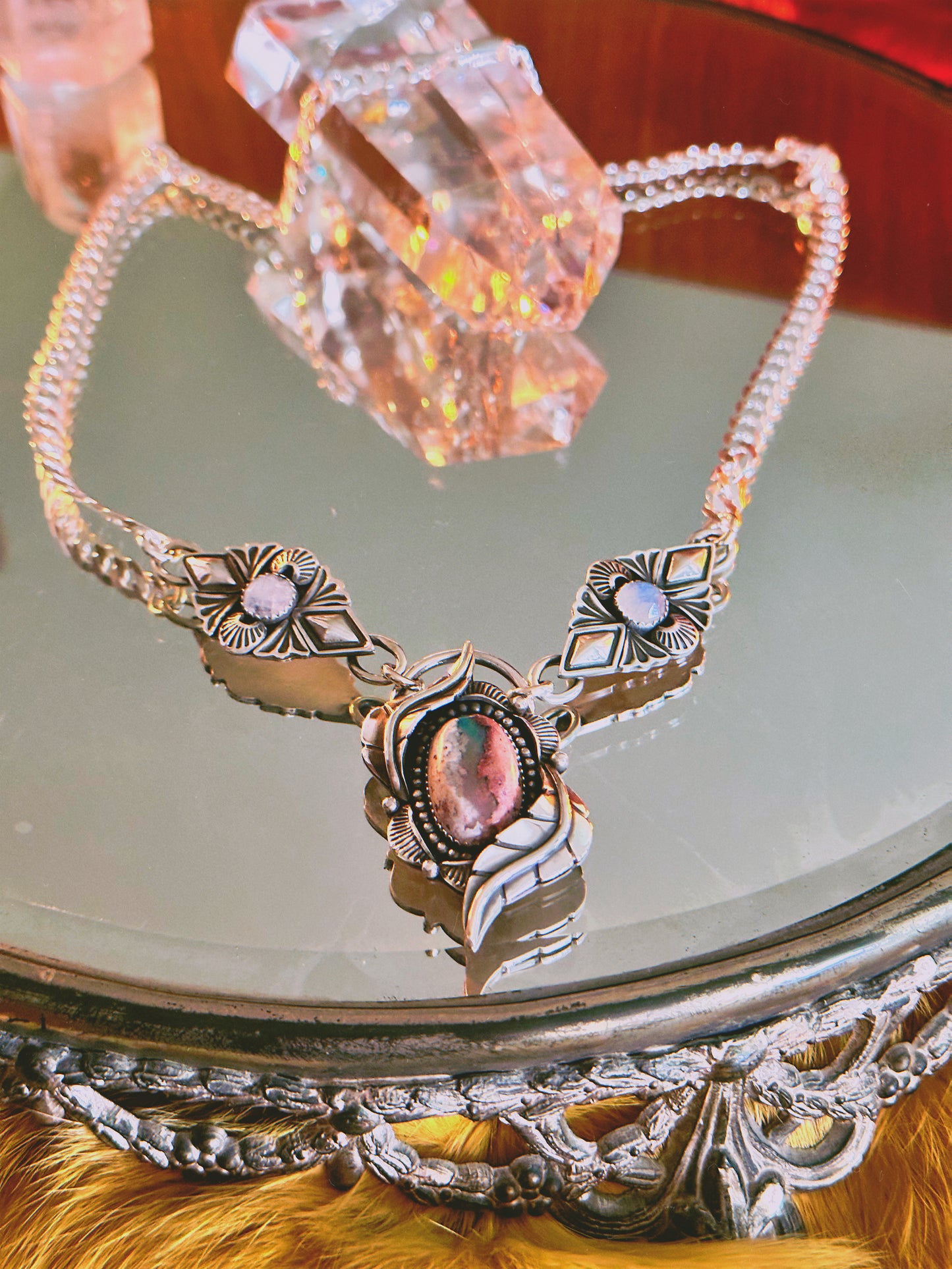 One of Kind Botanical Necklace with Rainbow Moonstone and Stunning Opal