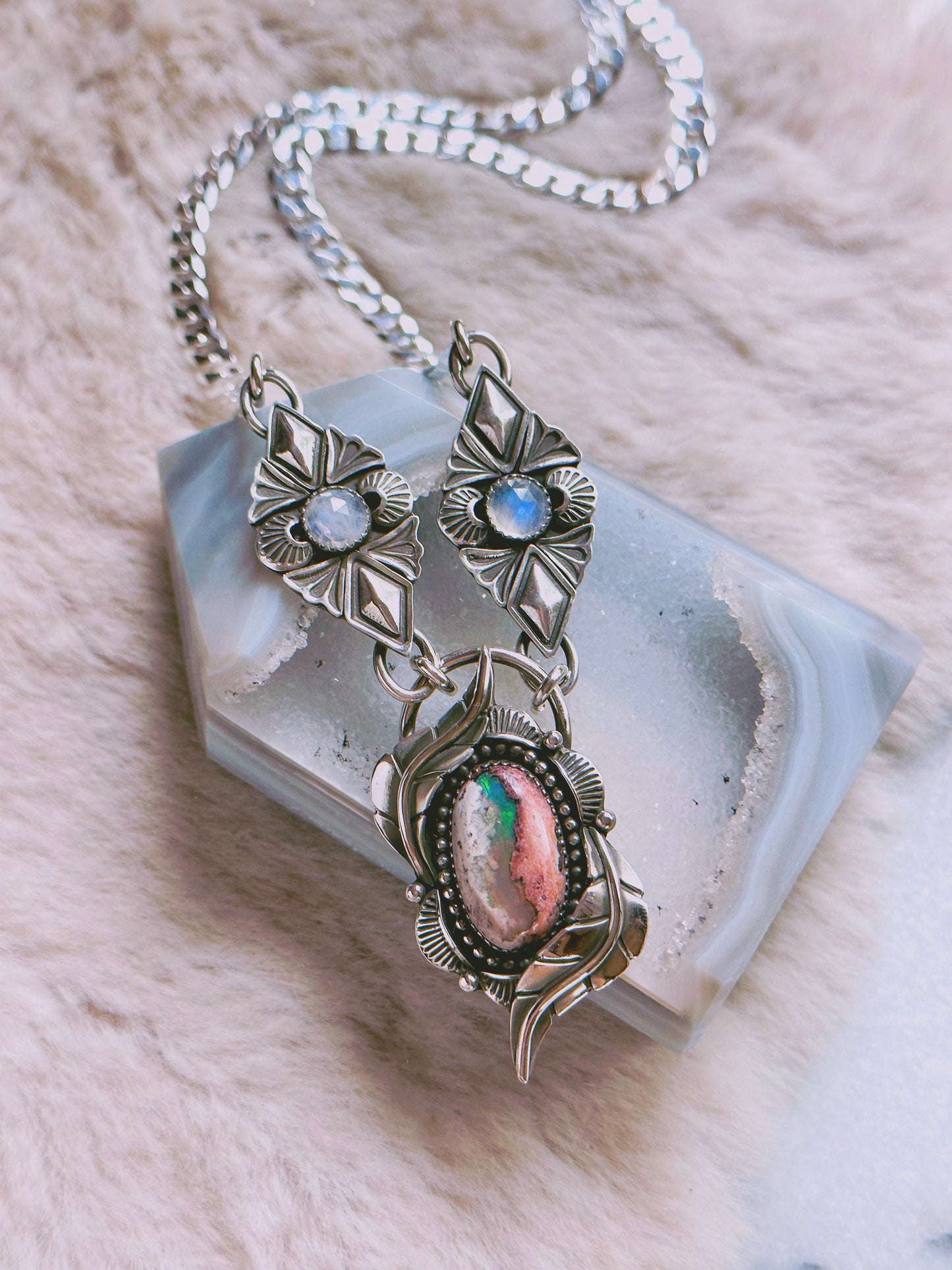 One of Kind Botanical Necklace with Rainbow Moonstone and Stunning Opal