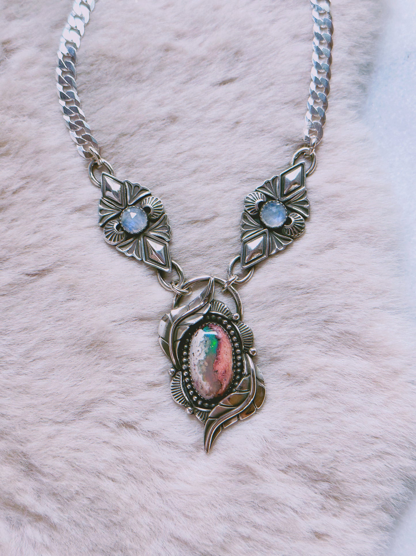 One of Kind Botanical Necklace with Rainbow Moonstone and Stunning Opal