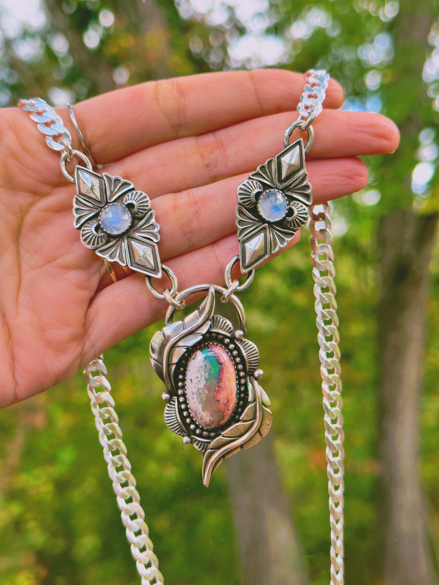 One of Kind Botanical Necklace with Rainbow Moonstone and Stunning Opal