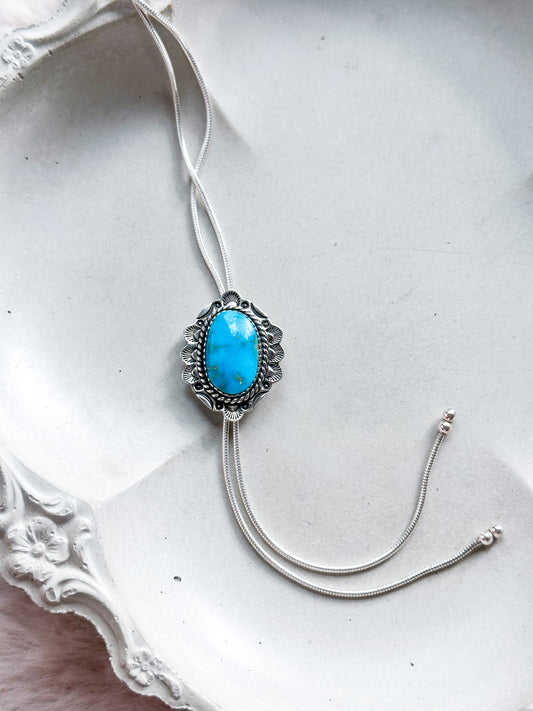 Hand stamped Bolo Necklace with Sonoran Turquoise