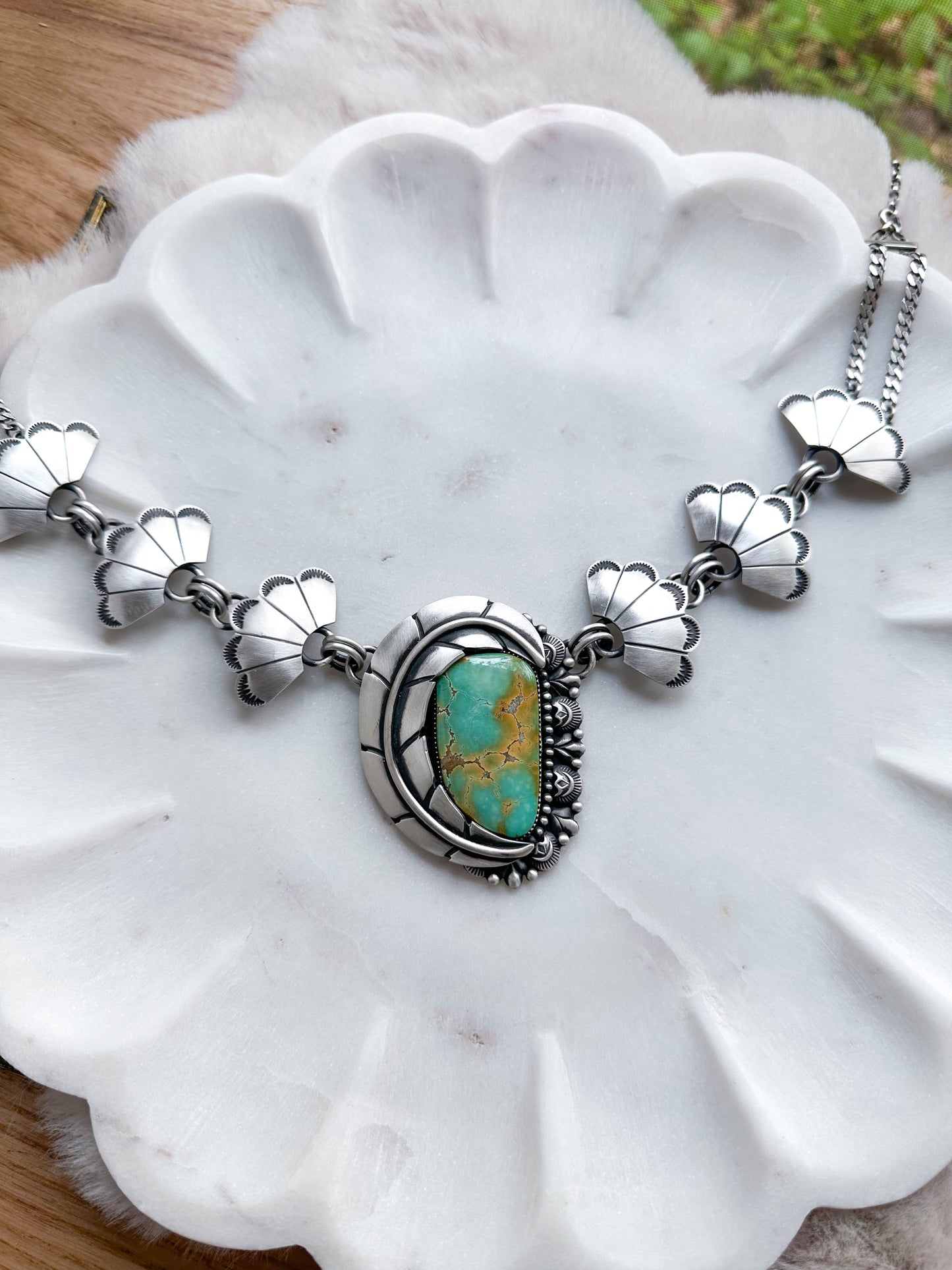 Heirloom Botanical Necklace with High Grade Iron Maiden Turquoise